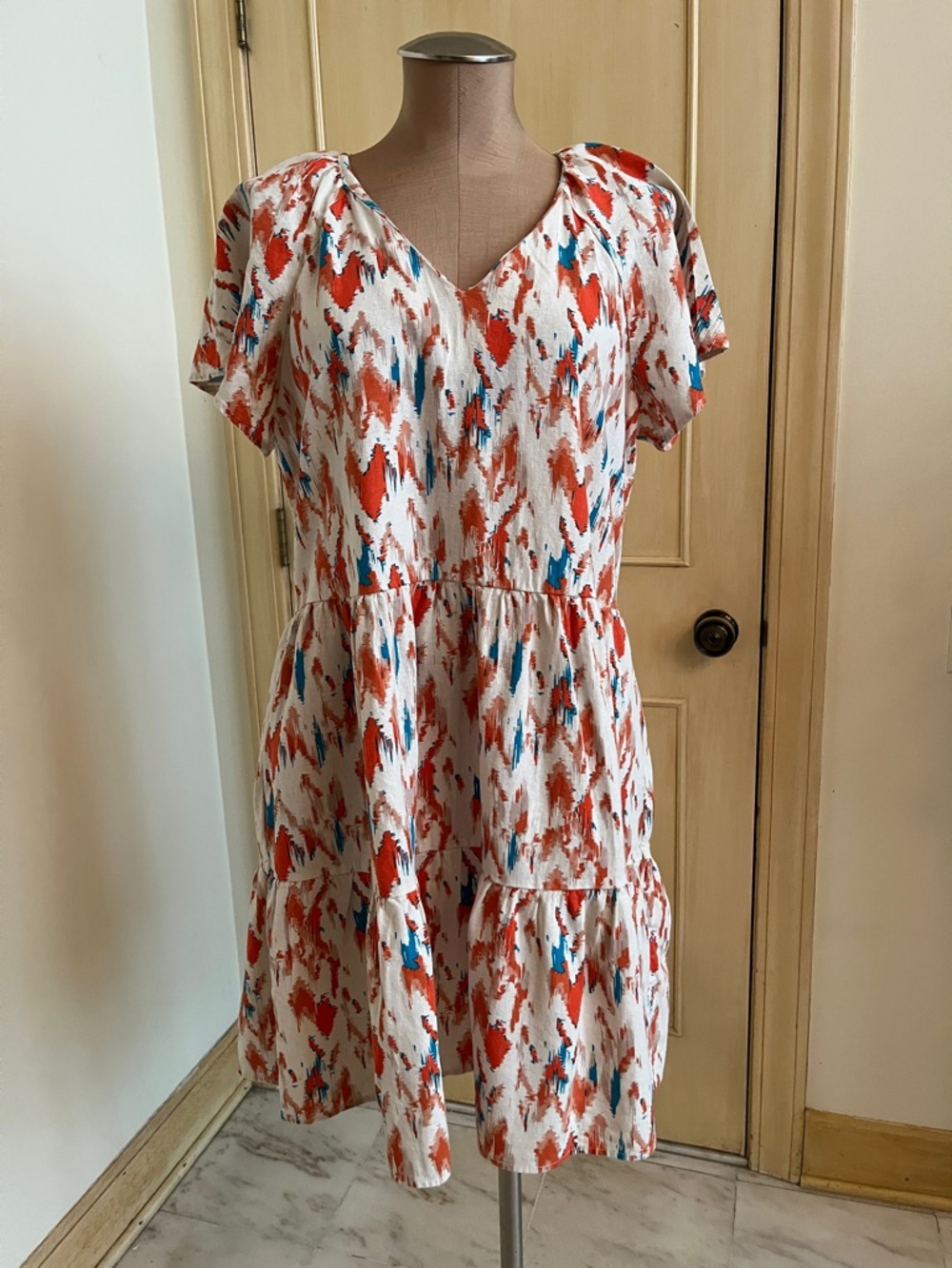 ARIAT "Delilah" Boho BBQ Granola Linen Southwestern Print Tiered Mini Dress SZ L